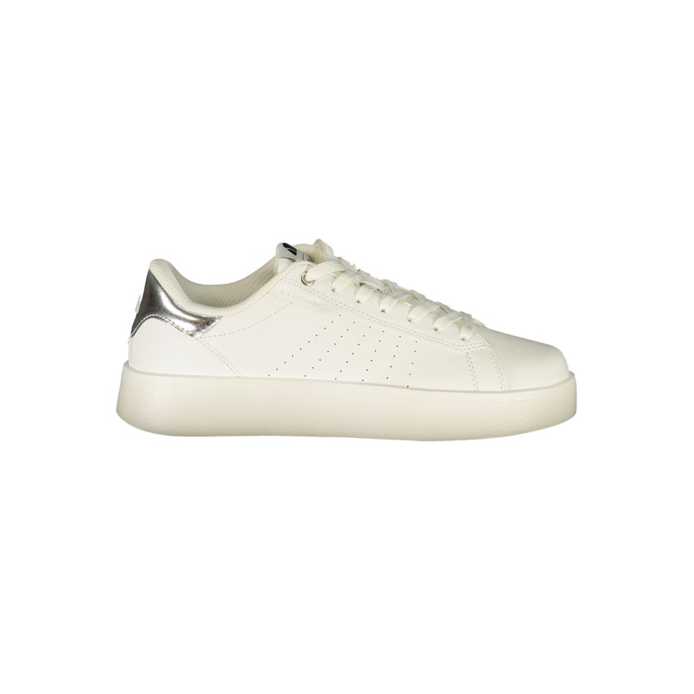 Athletic Sneakers by Ellesse for women in polyester & polyurethane silver & white features an architectural silhouette from the Women's Athletic Polyester & Polyurethane Sneakers collection, showcasing a architectural athletic style for a architectural look.