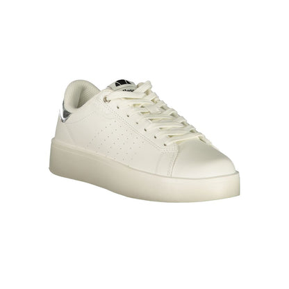 Athletic Sneakers by Ellesse for women in polyester & polyurethane silver & white showcases a architectural silhouette, artfully capturing the essence of the Women's Athletic Polyester & Polyurethane Sneakers with its signature architectural athletic style construction.