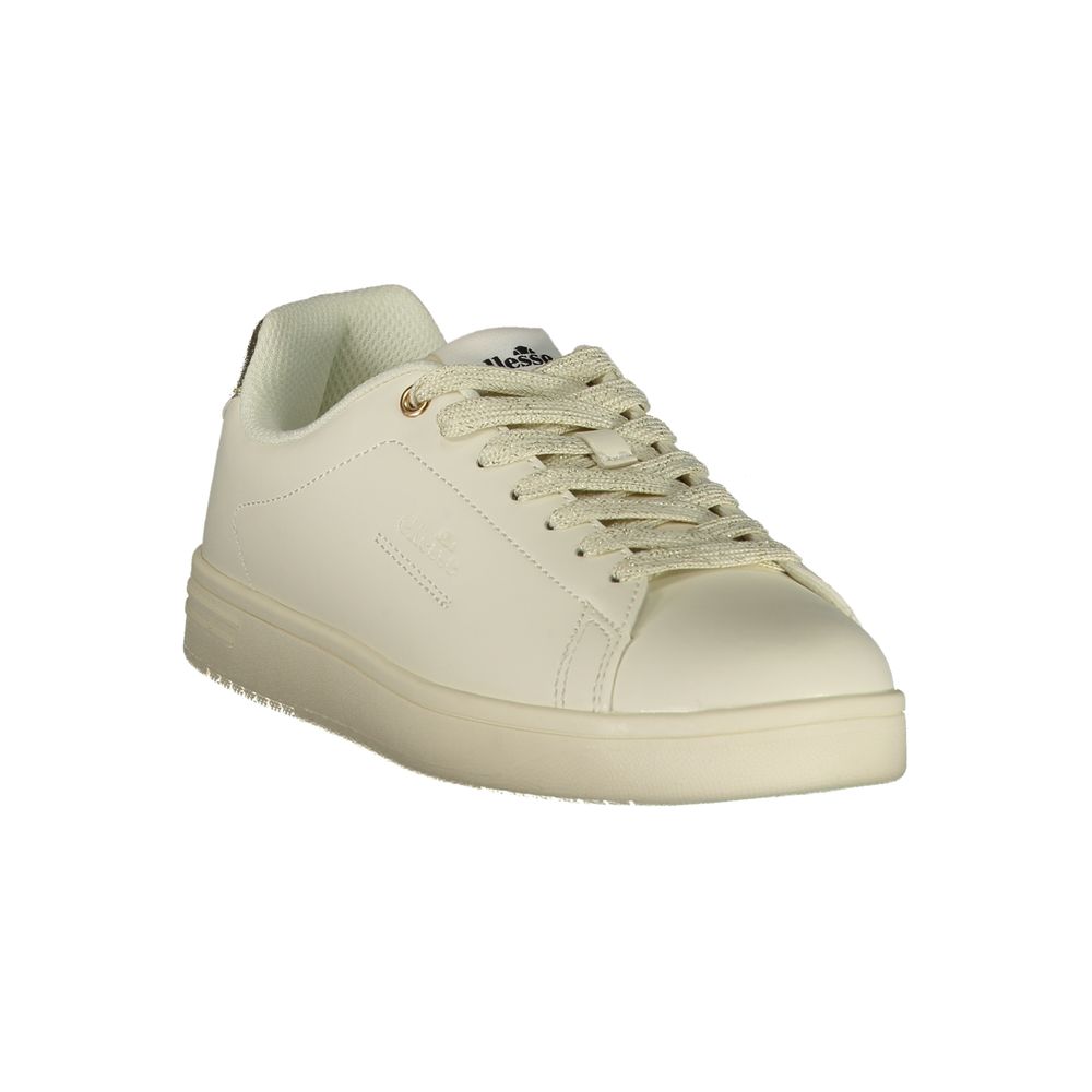 Athletic Sneakers by Ellesse for women in polyester & polyurethane gold & white features an architectural silhouette from the Women's Athletic Polyester & Polyurethane Sneakers collection, showcasing a architectural athletic style for a architectural look.