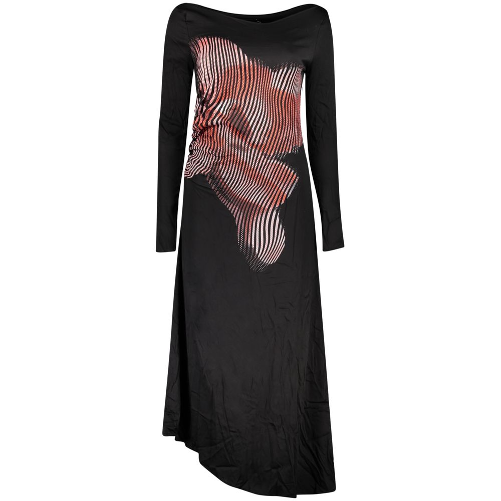 Dress by Desigual for women in stretch viscose black, patterned, signature & print showcases a striking silhouette, elegantly detailed with a , refined boat neckline, and a striking long for a striking finish.