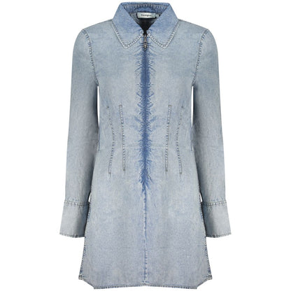 Dress by Desigual for women in lyocell azzurro presents a sinuous silhouette, showcasing a sophisticated and long-sleeve detailed with a sinuous short for a refined finish.