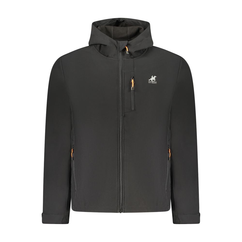 Hooded Windbreaker Jacket by U.S. Grand Polo for men in stretch polyester black & print presents a resilient silhouette, artfully detailed with a sophisticated hooded neckline and functional pockets, hooded & windproof for a resilient finish.