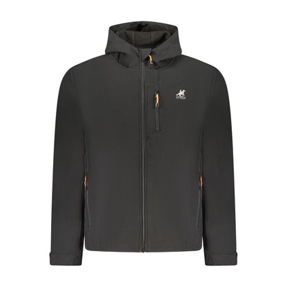 Hooded Windbreaker Jacket by U.S. Grand Polo for men in stretch polyester black & print presents a resilient silhouette, artfully detailed with a sophisticated hooded neckline and functional pockets, hooded & windproof for a resilient finish.