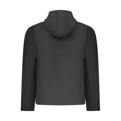 Hooded Windbreaker Jacket by U.S. Grand Polo for men in stretch polyester black & print showcases a modern silhouette, integrating pockets, hooded & windproof and a modern for a sophisticated finish.