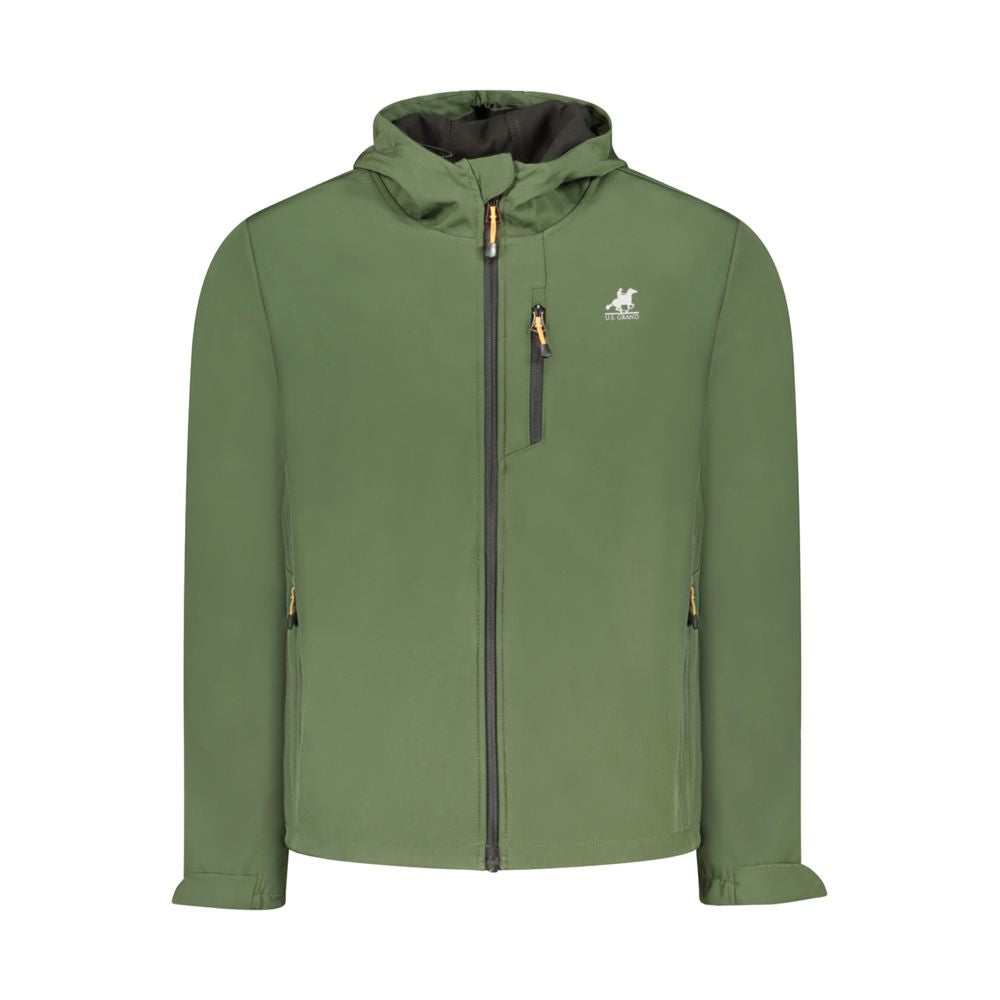 Hooded Windbreaker Jacket by U.S. Grand Polo for men in stretch polyester green & print showcases a urban chic silhouette, detailed with a urban chic hooded neckline and functional pockets, hooded & windproof for a polished finish.
