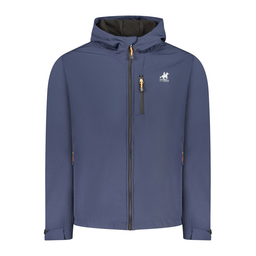 Hooded Windbreaker Jacket by U.S. Grand Polo for men in stretch polyester polyurethane blue, white & print presents a resilient silhouette, artfully detailed with a sophisticated hooded neckline and functional pockets, hooded & windproof for a resilient finish.