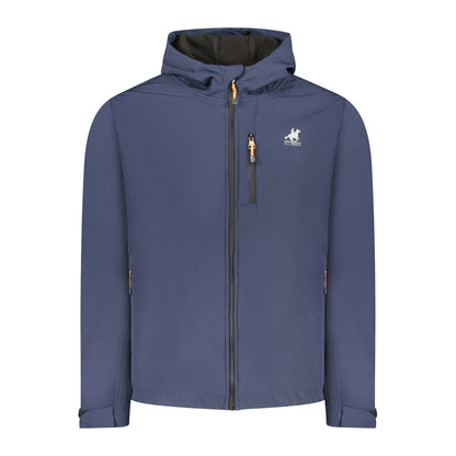 Hooded Windbreaker Jacket by U.S. Grand Polo for men in stretch polyester polyurethane blue, white & print presents a resilient silhouette, artfully detailed with a sophisticated hooded neckline and functional pockets, hooded & windproof for a resilient finish.