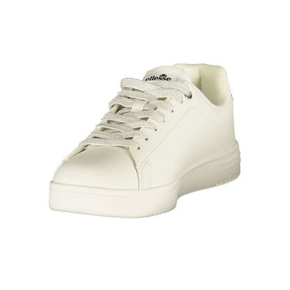 Athletic Sneakers by Ellesse for women in polyester & polyurethane silver, white & print showcases a architectural silhouette, artfully capturing the essence of the Crisp Women's Athletic Polyester & Polyurethane Sneakers with its signature architectural athletic style construction.