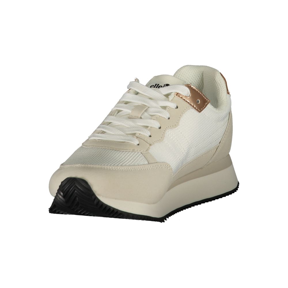 Athletic Sneakers by Ellesse for women in polyester & polyurethane bronze & white features an architectural silhouette, showcasing the premium athletic style of the Women's Athletic Polyester & Polyurethane Sneakers with an architectural finish.