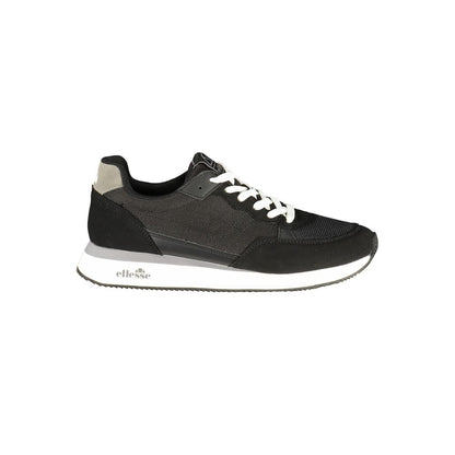 Athletic Sneakers by Ellesse for men in polyester & polyurethane black features an architectural silhouette, showcasing the premium athletic style of the Men's Athletic Polyester & Polyurethane Sneakers with an architectural finish.