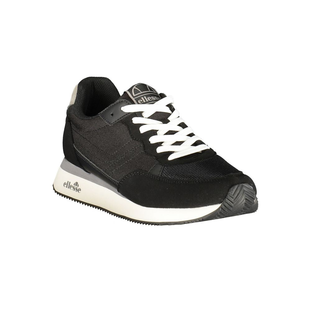 Athletic Sneakers by Ellesse for men in polyester & polyurethane black showcases a architectural silhouette, artfully capturing the essence of the Men's Athletic Polyester & Polyurethane Sneakers with its signature architectural athletic style construction.