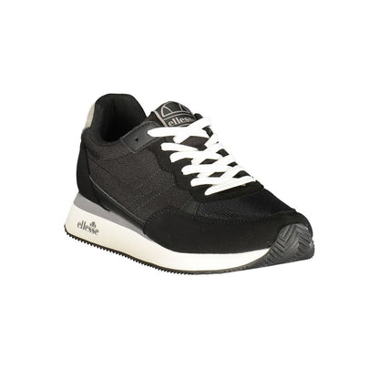Athletic Sneakers by Ellesse for men in polyester & polyurethane black showcases a architectural silhouette, artfully capturing the essence of the Men's Athletic Polyester & Polyurethane Sneakers with its signature architectural athletic style construction.