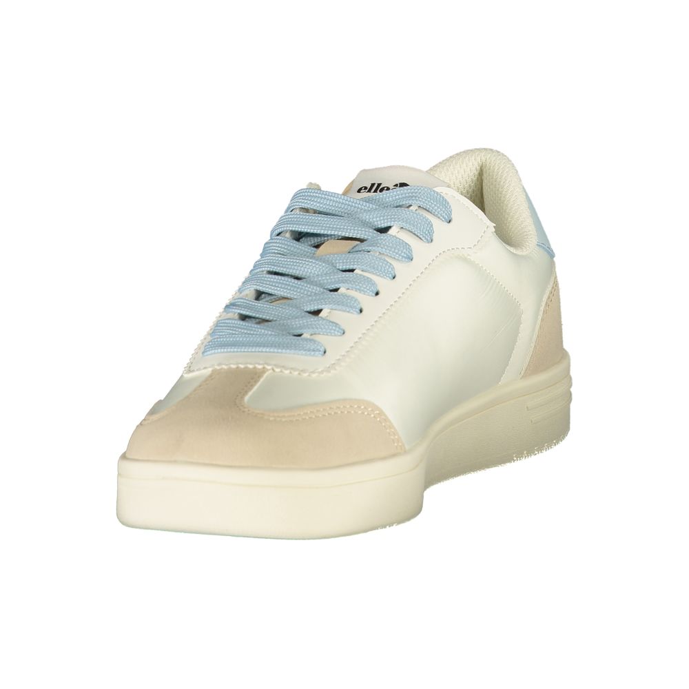 Athletic Sneakers by Ellesse for women in polyester & polyurethane blue, white, signature-print & print showcases a architectural silhouette, artfully capturing the essence of the Essence Women's Athletic Polyester & Polyurethane Sneakers with its signature architectural athletic style construction.