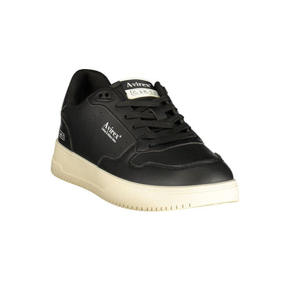 Athletic Sneakers by Avirex for men in polyester & polyurethane black & print features an architectural silhouette, showcasing the premium athletic style of the Men's Athletic Polyester & Polyurethane Sneakers with an architectural finish.