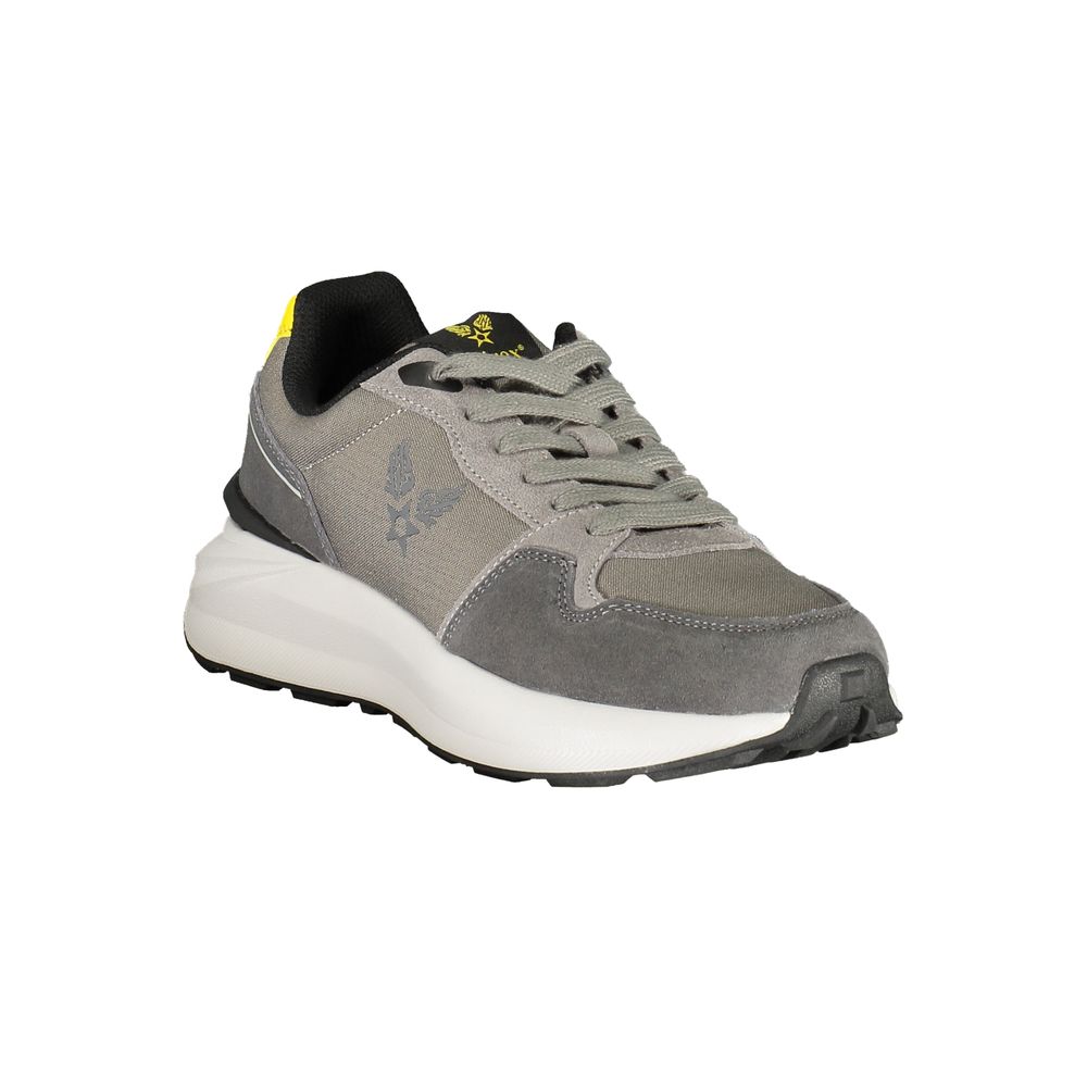 Athletic Sneakers by Avirex for men in polyester polyurethane leather gray & yellow showcases a architectural silhouette, artfully capturing the essence of the Men's Athletic Polyester Polyurethane Leather Sneakers with its signature architectural athletic style construction.