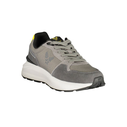 Athletic Sneakers by Avirex for men in polyester polyurethane leather gray & yellow showcases a architectural silhouette, artfully capturing the essence of the Men's Athletic Polyester Polyurethane Leather Sneakers with its signature architectural athletic style construction.