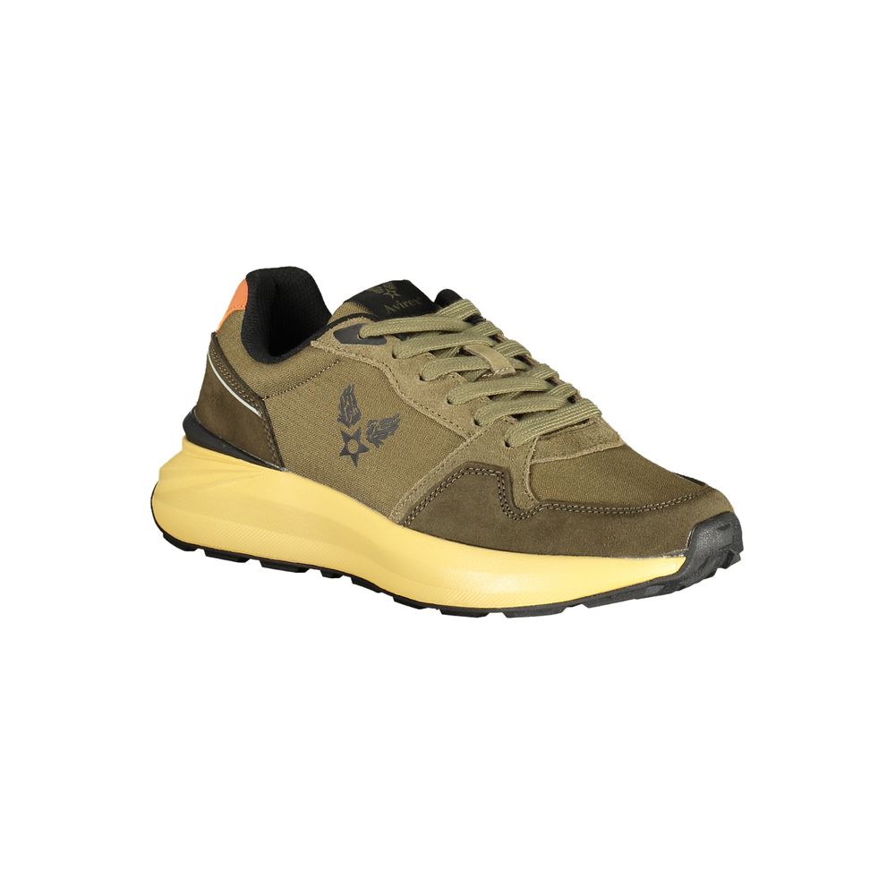 Athletic Sneakers by Avirex for men in polyester polyurethane leather gray, green & yellow presents a sleek silhouette, perfectly capturing the athletic style essence of Men's Athletic Polyester Polyurethane Leather Sneakers with its sleek design and premium finish.