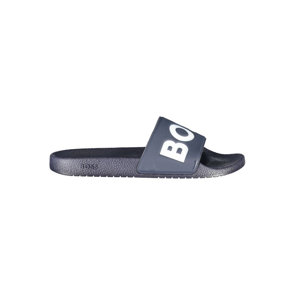 Slider Sandals by Hugo Boss for men in polyester & polyurethane and blue presents a sculptural silhouette, showcasing the signature style of the Men's Polyester & Polyurethane Slider Sandals with a sculptural and sculptural .