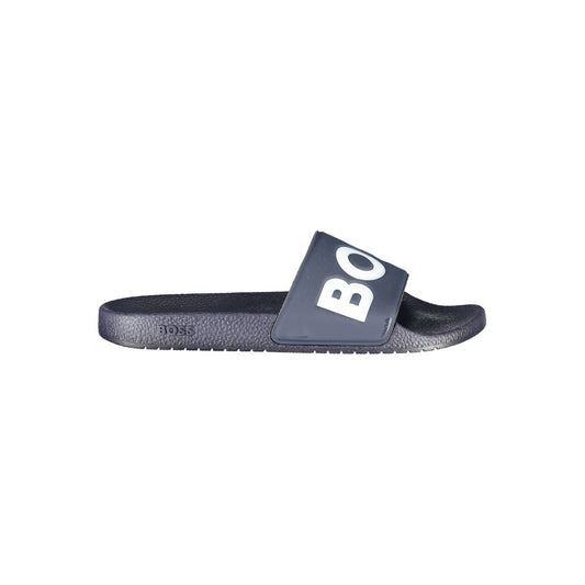 Slider Sandals by Hugo Boss for men in polyester & polyurethane and blue presents a sculptural silhouette, showcasing the signature style of the Men's Polyester & Polyurethane Slider Sandals with a sculptural and sculptural .