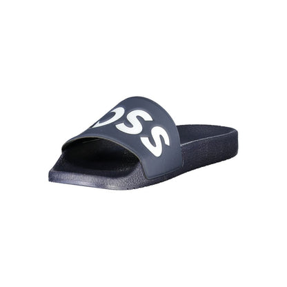 Slider Sandals by Hugo Boss for men in polyester & polyurethane blue features an architectural silhouette, showcasing the architectural Men's Polyester & Polyurethane Slider Sandals with a and .