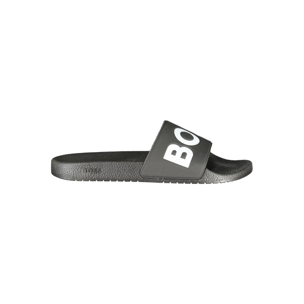 Slider Sandals by Hugo Boss for men in polyester & polyurethane black showcases a sculptural silhouette as City Men's Polyester & Polyurethane Slider Sandals, defined by a sculptural and sculptural for a sculptural look.