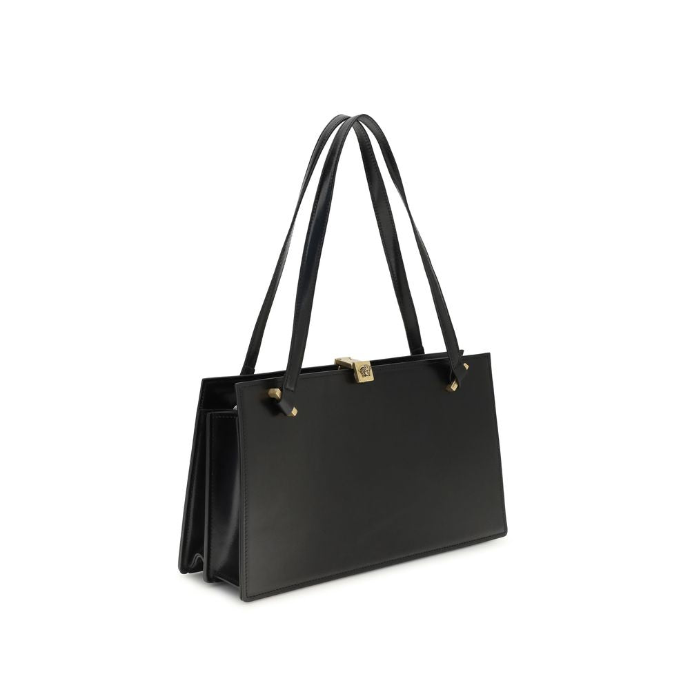 Small Shoulder Bag by Versace for women in bos taurus calf leather black showcases a enviable silhouette, artfully detailed with a secure magnetic, organized built-in-compartments & internal-pockets, and versatile shoulder-strap & handle for a enviable look.