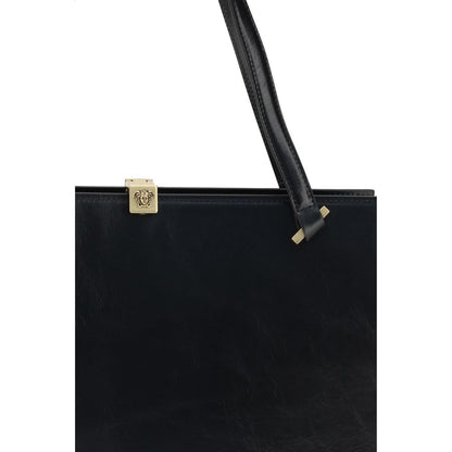 Small Shoulder Bag by Versace for women in bos taurus calf leather black showcases a enviable silhouette, artfully detailed with a secure magnetic, organized built-in-compartments & internal-pockets, and versatile shoulder-strap & handle for a enviable look.