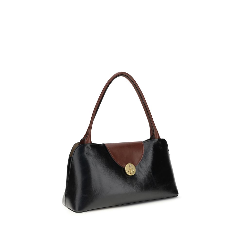 Medium Shoulder Flap Bag by Versace for women in bos taurus calf leather black features a distinguished silhouette, showcasing a secure snap & flap and distinguished built-in-compartments with versatile shoulder-strap & handle for a distinguished finish.