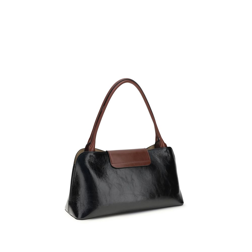 Medium Shoulder Flap Bag by Versace for women in bos taurus calf leather black presents a versatile silhouette, showcasing a secure snap & flap and versatile built-in-compartments with versatile shoulder-strap & handle for a sophisticated look.
