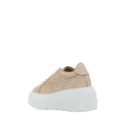 Sneakers by Casadei for women in faux leather beige & monogram presents a on trend silhouette from the Nexus Women's Chunky Faux Leather Sneakers collection, showcasing a on trend chunky style for an elevated aesthetic.
