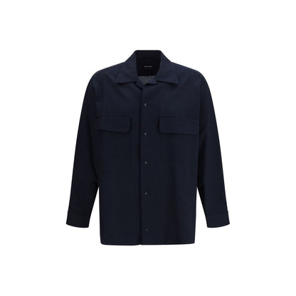 Shirt by Giorgio Armani for men in cotton blue features an architectural silhouette with a refined long-sleeve and elegant for a architectural look.