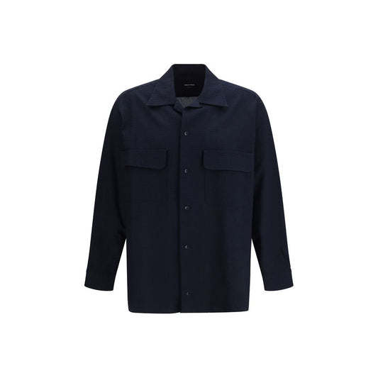 Shirt by Giorgio Armani for men in cotton blue features an architectural silhouette with a refined long-sleeve and elegant for a architectural look.