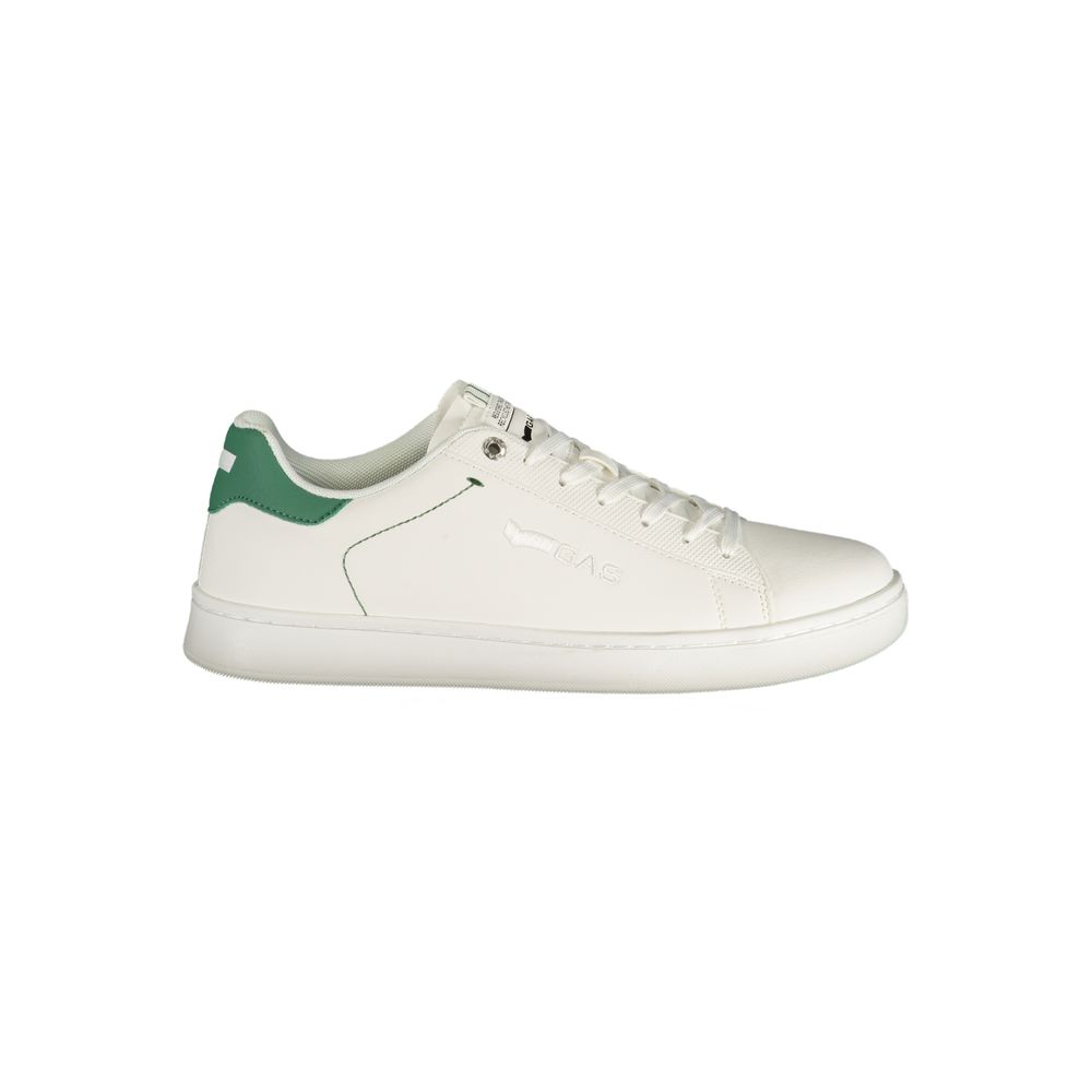 Athletic Sneakers by Gas for men in polyester green & white showcases a architectural silhouette, artfully capturing the essence of the Men's Athletic Polyester Sneakers with its signature architectural athletic style construction.
