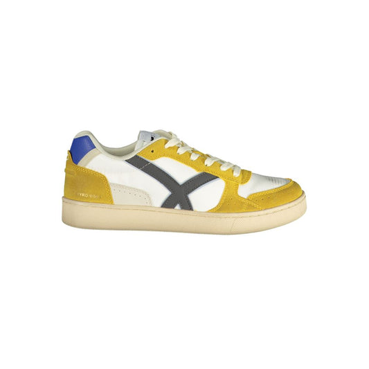 Athletic Sneakers by Gas for men in polyester & polyurethane blue, white, yellow & print presents a sleek silhouette, perfectly capturing the athletic style essence of Men's Athletic Polyester & Polyurethane Sneakers with its sleek design and premium finish.
