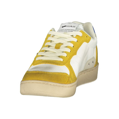 Athletic Sneakers by Gas for men in polyester & polyurethane blue, white, yellow & print features an architectural silhouette, showcasing the premium athletic style of the Men's Athletic Polyester & Polyurethane Sneakers with an architectural finish.