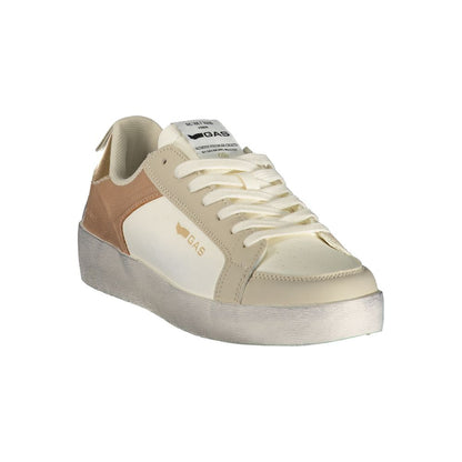 Athletic Sneakers by Gas for women in polyester gold, pink, white & print features an architectural silhouette, showcasing the premium athletic style of the Women's Athletic Polyester Sneakers with an architectural finish.