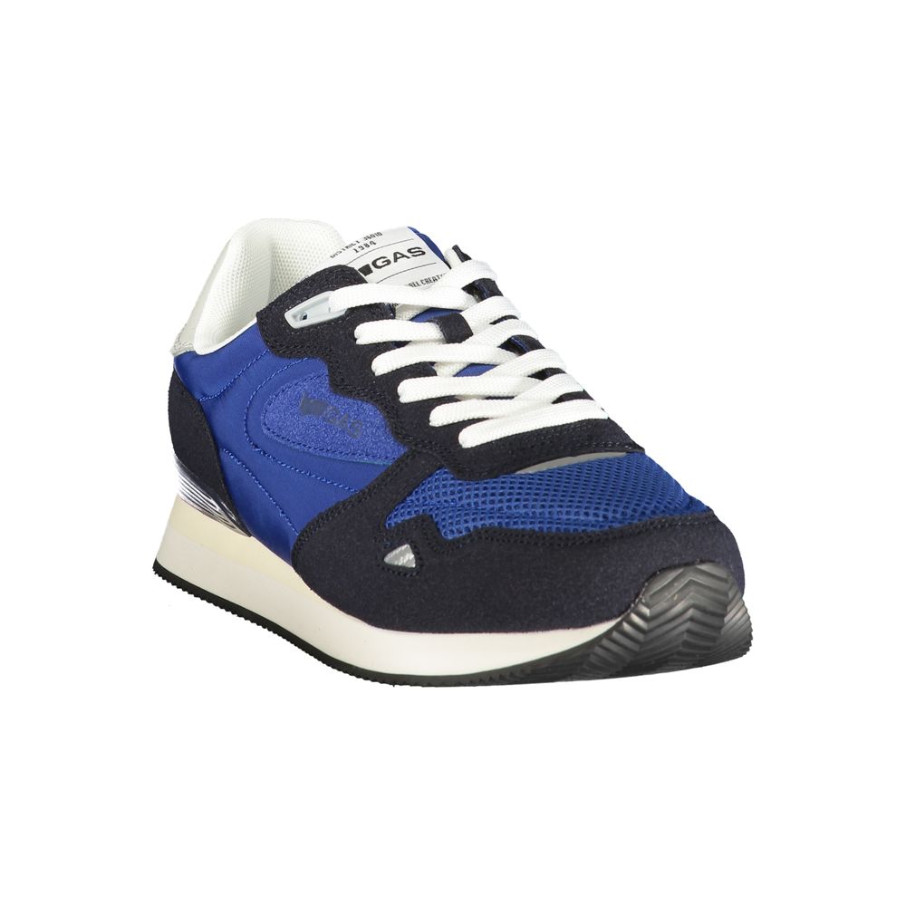 Athletic Sneakers by Gas for men in polyester blue, gray & print features an architectural silhouette, showcasing the premium athletic style of the Men's Athletic Polyester Sneakers with an architectural finish.