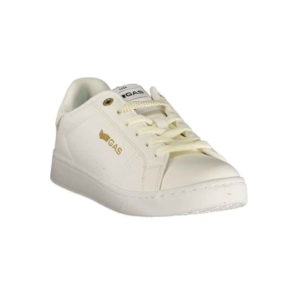 Athletic Sneakers by Gas for women in polyester gold, white & print features an architectural silhouette from the Women's Athletic Polyester Sneakers collection, showcasing a architectural athletic style for a architectural look.