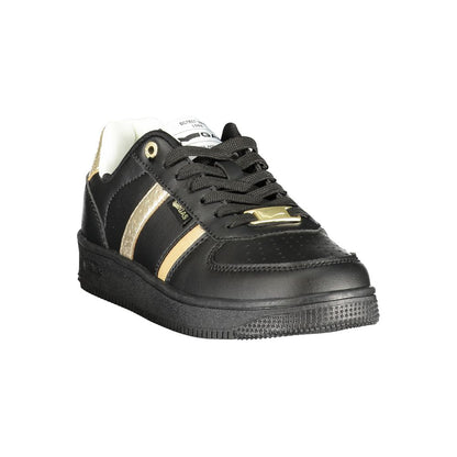 Athletic Sneakers by Gas for women in polyester python leather black, gold & print showcases a architectural silhouette, artfully capturing the essence of the Women's Athletic Polyester Python Leather Sneakers with its signature architectural athletic style construction.