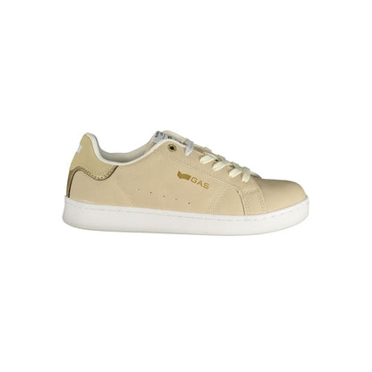 Athletic Sneakers by Gas for women in polyester beige, gold & print features an architectural silhouette from the Women's Athletic Polyester Sneakers collection, showcasing a architectural athletic style for a architectural look.