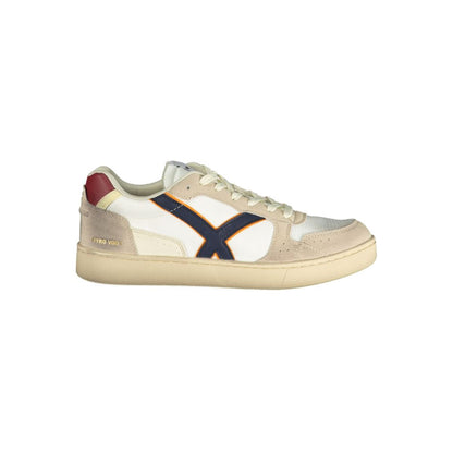 Athletic Sneakers by Gas for men in polyester beige, blue, white & print features an architectural silhouette, showcasing the premium athletic style of the Men's Athletic Polyester Sneakers with an architectural finish.