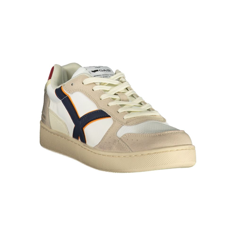 Athletic Sneakers by Gas for men in polyester beige, blue, white & print features an stately silhouette, showcasing the signature athletic style of the Men's Athletic Polyester Sneakers collection with a truly stately finish.