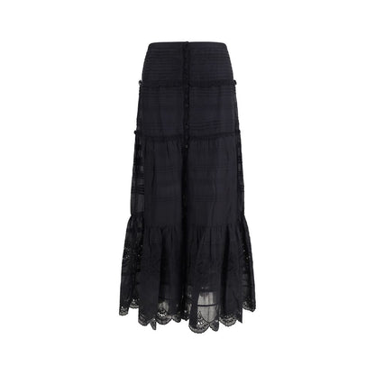 Skirt by Isabel Marant Étoile for women in cotton viscose black & toile showcases a dramatic silhouette, artfully capturing the essence of the Women's Straight High Rise Cotton Viscose Long Skirt in a dramatic long cut for a refined look.