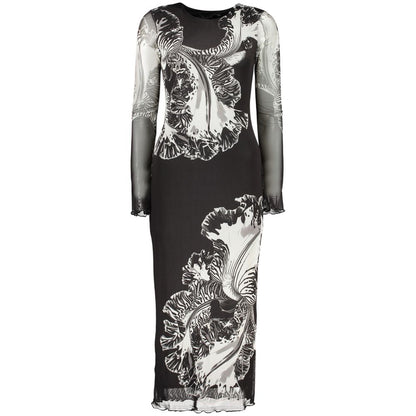 Dress by Desigual for women in polyester black & patterned features an sultry silhouette defined by a crew neckline and long-sleeve, falling to an sultry long for a sultry look.