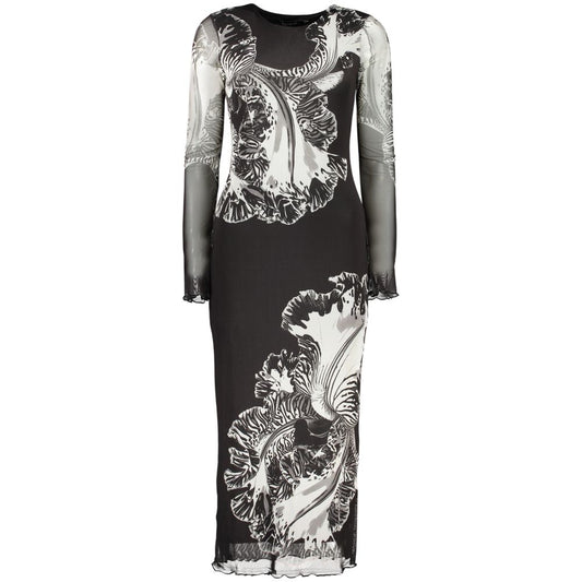 Dress by Desigual for women in polyester black & patterned features an sultry silhouette defined by a crew neckline and long-sleeve, falling to an sultry long for a sultry look.
