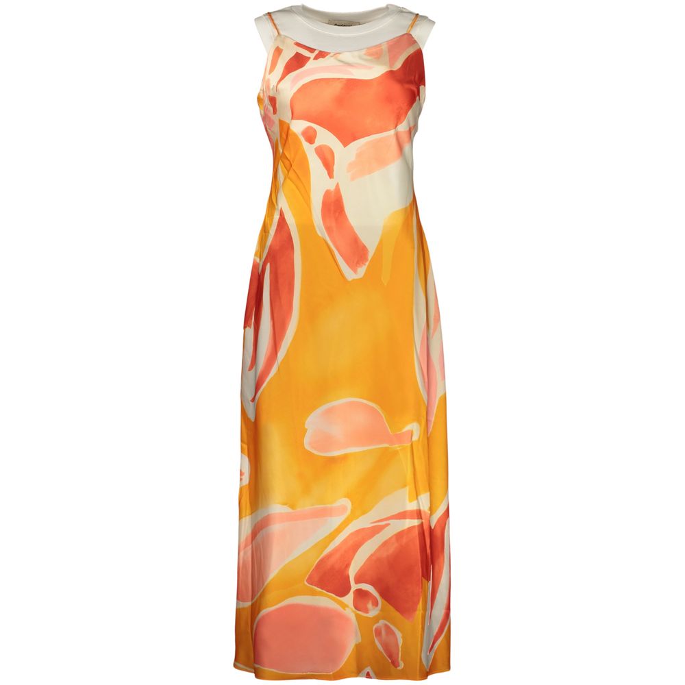 Dress by Desigual for women in polyester orange, patterned & print features an eye catching silhouette with a sophisticated crew boat neckline, elegant sleeveless, and a refined long for a eye catching aesthetic.