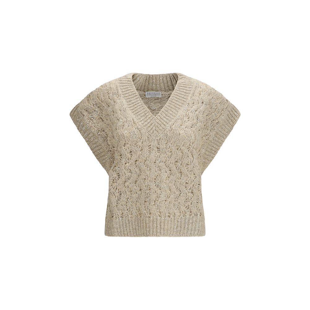 Sweater by Brunello Cucinelli for women in linen polyamide polyester & silk beige showcases a downtown chic silhouette, artfully finished with a downtown chic v-neck neckline and sleeveless for a sophisticated, high-end look.