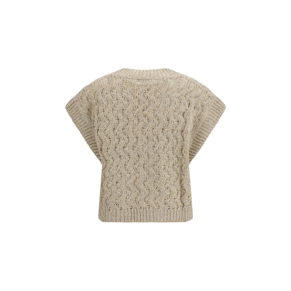 Sweater by Brunello Cucinelli for women in linen polyamide polyester & silk beige showcases an masterful silhouette, artfully detailed with a masterful v-neck neckline and for a sophisticated, premium finish.