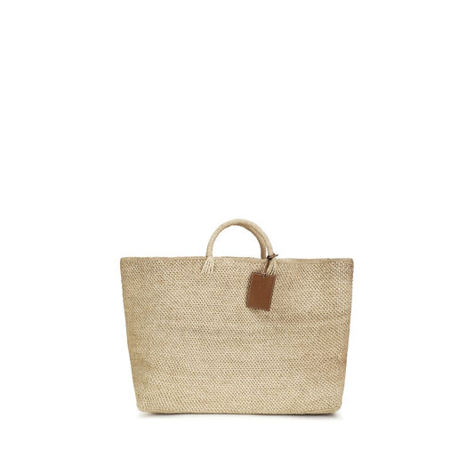 Mini Shopper Tote Basket Handbag by Manebi for women in raffia polyurethane leather beige, natural & signature features a signature silhouette, showcasing a secure and signature with versatile handle for a sophisticated look.