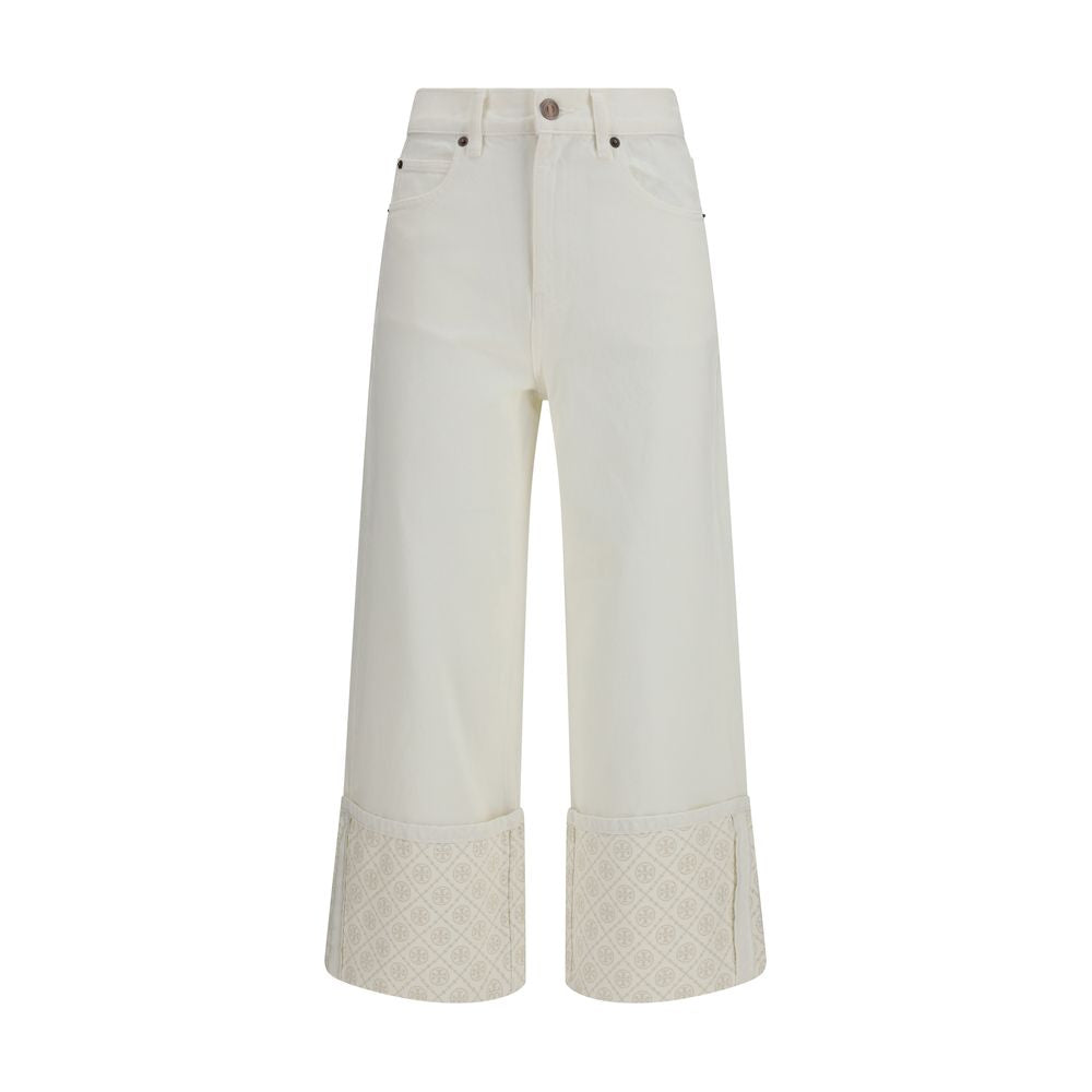 Jeans by Tory Burch for women in denim cotton white, patterned, signature & monogram features a refined silhouette with a refined straight-leg, regular-fit & wide, defined by a and a refined long for a refined finish.